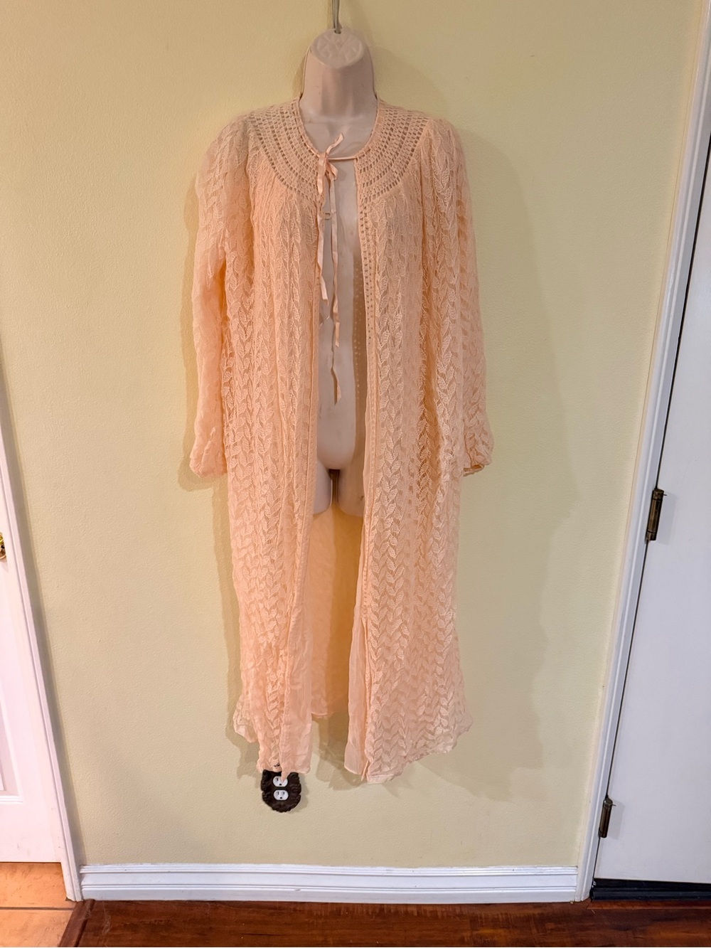 Pink Long Lace Robe with Ribbon Tie - Women Intimates & Sleepwear